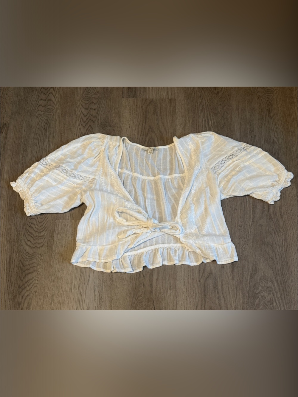 American Eagle Outfitters Cream Tie-Front Ruffle Crop Top